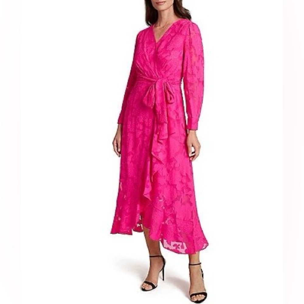 Tahari ASL Fuchsia Wrap Dress Size‎ 6 High Low Midi Tie Waist Long Sleeve
